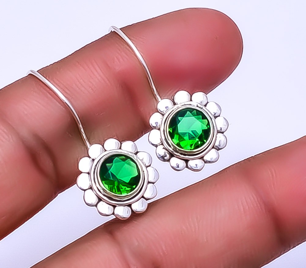 Simulated Emerald 925 Sterling Silver Bali Handmade Earrings 1.17 Inch