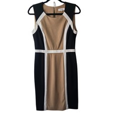 Calvin Klein Womens Colorblock Sheath Dress Camel Black White Sleeveless 6