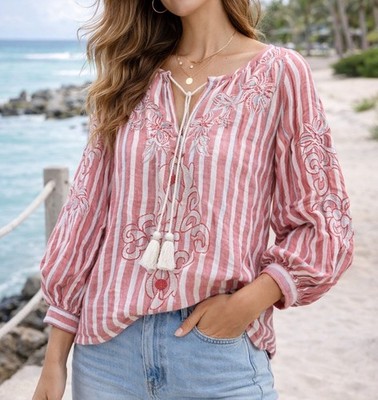 Anthro Akemi + Kin Striped Boho Summer Shirt XS Pink Embroidered Puff Sleeve