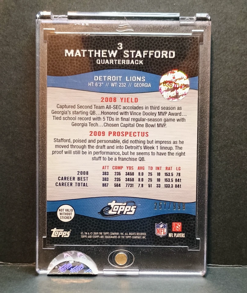 2009 ETOPPS MATTHEW STAFFORD #3 RC ENCASED UNCIRCULATED /999 LIONS - Image 2 of 2