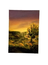 Aceo Original Art Card Oil Painting Sunset Nature Landscape Vivid Sky Warm Mikah
