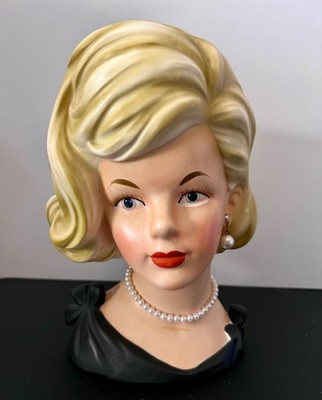 Vintage Parma Lady Head Vase ~ BLONDE ~ 9'' In Black Dress ~ Pearls