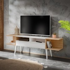 Image of NEW komodee Forio TV Stand, White Oak 6 compartments Doors Living Room Tall Legs