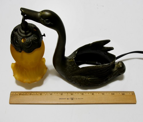 Swan Planter Table Lamp Cast Iron W/Glass Tulip Shade Art Nouveau 9" Vintage - Picture 4 of 6