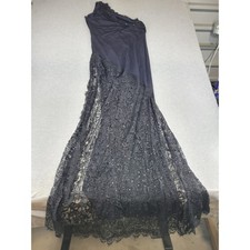 Womens Black One Shoulder Lace Sequin Maxi Dress Side Slit Formal Evening 60in