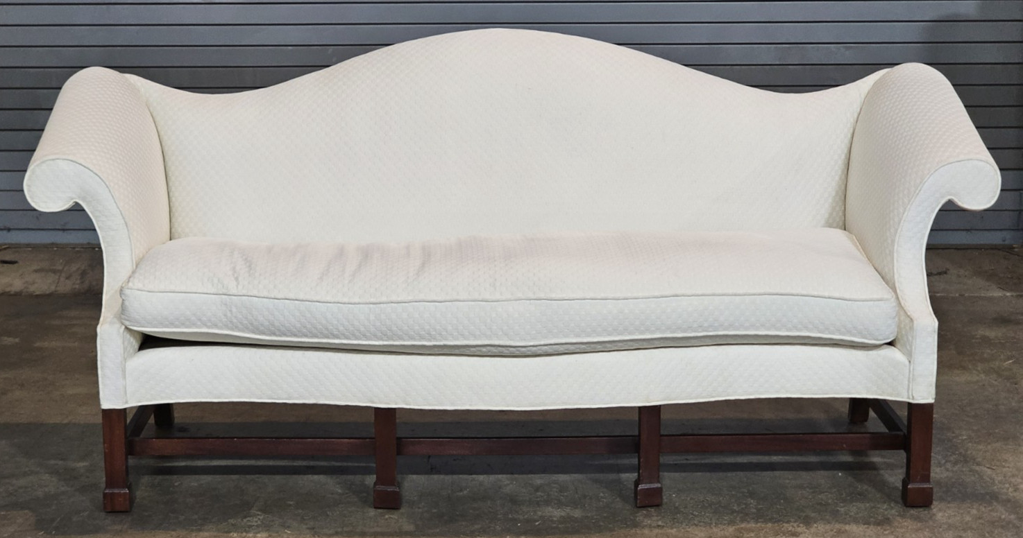 Southwood Mahogany Chippendale Style Sofa Marlborough Legs Cream Polk Dot Fabric