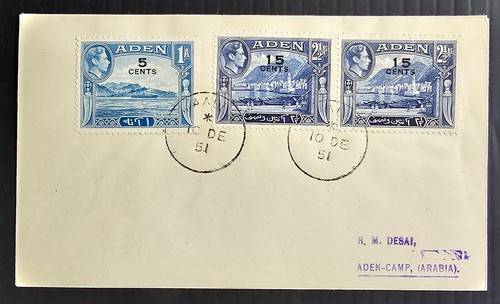1951 Aden Cover ties 3 stamps cd Maala-Aden Camp - Picture 2 of 3