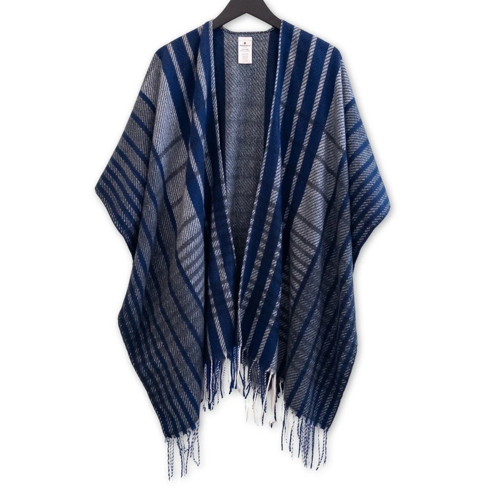 Woolrich Poncho Wrap Women One Size Blue Gray Striped Fringe Open Front Ruana