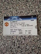 MATCH TICKET CHAMPIONS LEAGUE MAN UTD V BENFICA 6th dec 2006