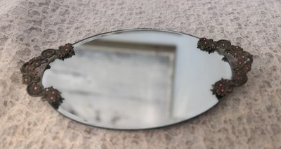 Vintage Filigree Vanity Mirror Tray Oval Beveled Glass Rhinestone Accents