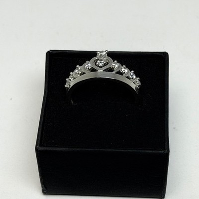 Silver Tiara Crown Ring Size 9 Clear Cubic Zirconia Heart Detail Fashion Band