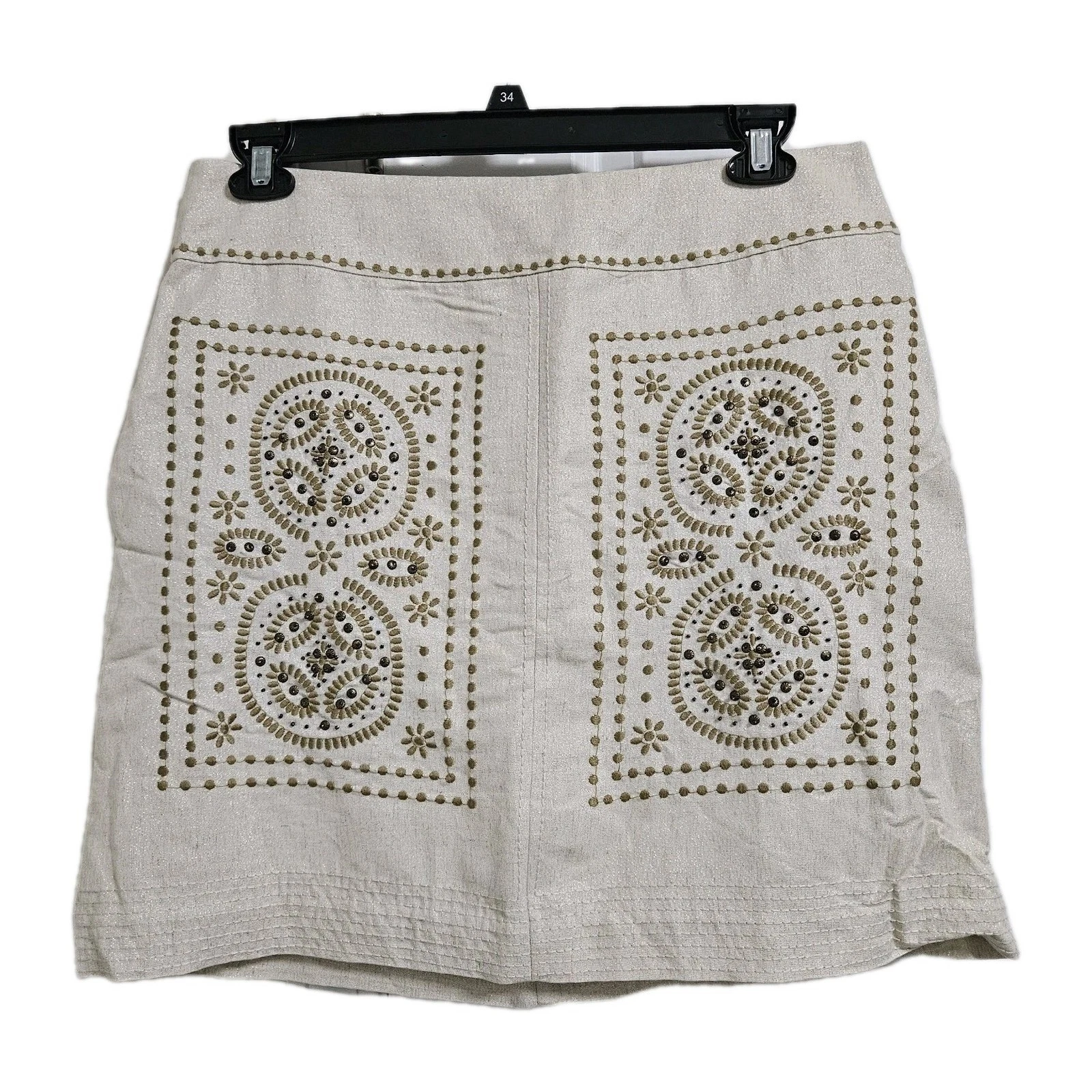 Floreat Mini Skirt Womens 10 Beige Gold Embroidered Lurex Linen Blend Pockets