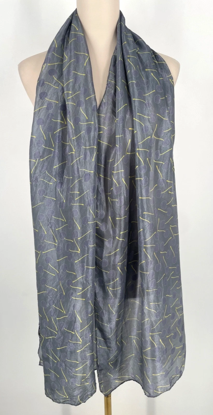 Dupatta 100% silk rectangle Scarf 76x21" Grey yellow cherry print lightweight