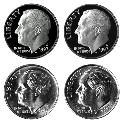 1997 P D S S Roosevelt Dime Year Set Silver & Clad Proof & BU In Cello