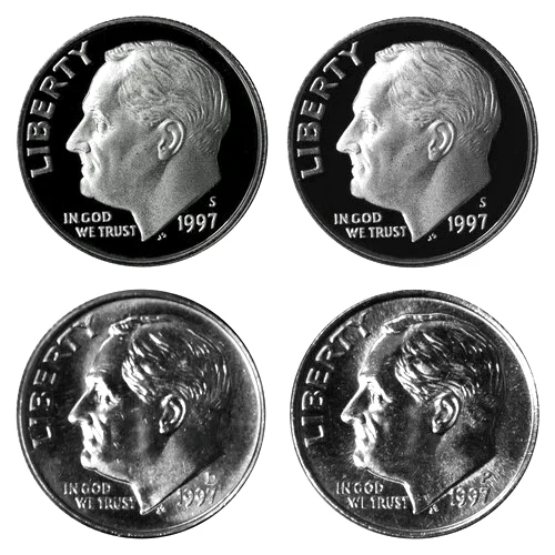 1997 P D S S Roosevelt Dime Year Set Silver & Clad Proof & BU In Cello