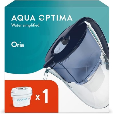 Oria Wasserfilterkanne blau mit 1 Wasserfilterkartusche von Aqua Optima Evolve+