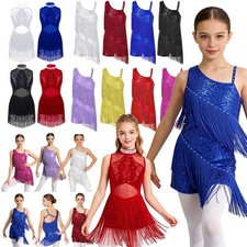 Girls Mesh Splice Tassel Dress Samba Jazz Tap Modern Latin Salsa Tango Ballroom