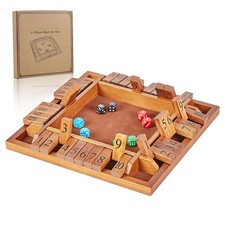 4 Way Shut The Box Game Large Wooden Board with Dice Math Family Game 12 Inch
