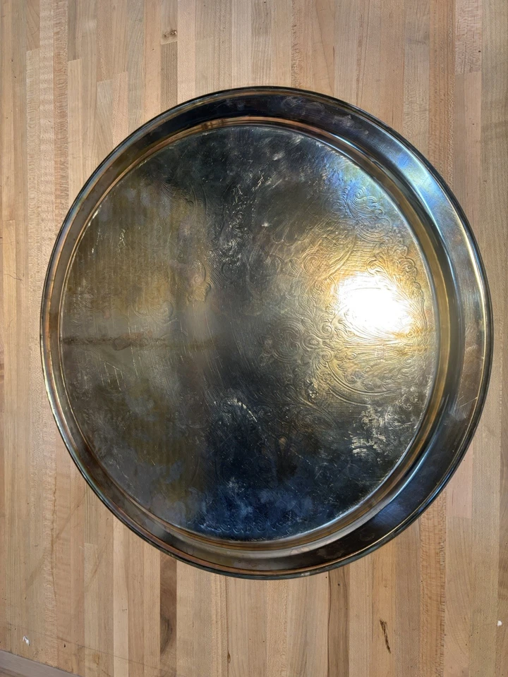 Винтажный посеребренный круглый сервировочный поднос Oneida США диаметр 19 дюймов Отличное состояние товара - Изображение 2 из 4