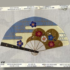 Vintage Handpainted Lee Needlepoint Canvas Gold Accent Asian Fan