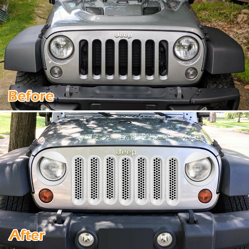 For Jeep Wrangler JK JKU Front Grill Mesh Insert+Headlight Trim Cover 2017-2018 - Picture 4 of 9