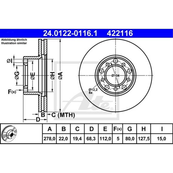 Ate 2X Bremsscheibe Vorne 2780 BelüFtet FüR Mercedes-Benz Sl R107 24.0122-0116.1-image