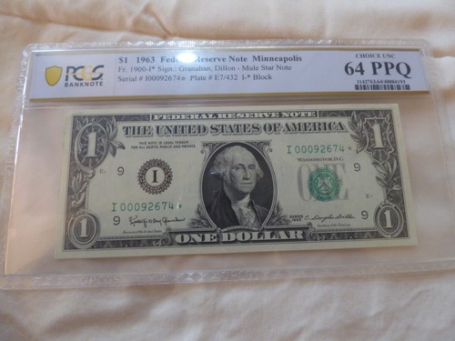 1963 I $1 Star Mule Federal Reserve Minneapolis PCGS Choice Unc 64 PPQ 00092674*