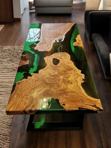 Transparent Green Epoxy Resin Dining Table Top Handmade Wooden Live Edge Slab - Picture 6 of 9