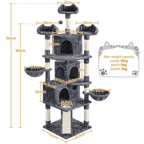 Árbol para Gatos Rascador Gigante Torre de Gato con 3 Perchas Gris - Imagen 5 de 8
