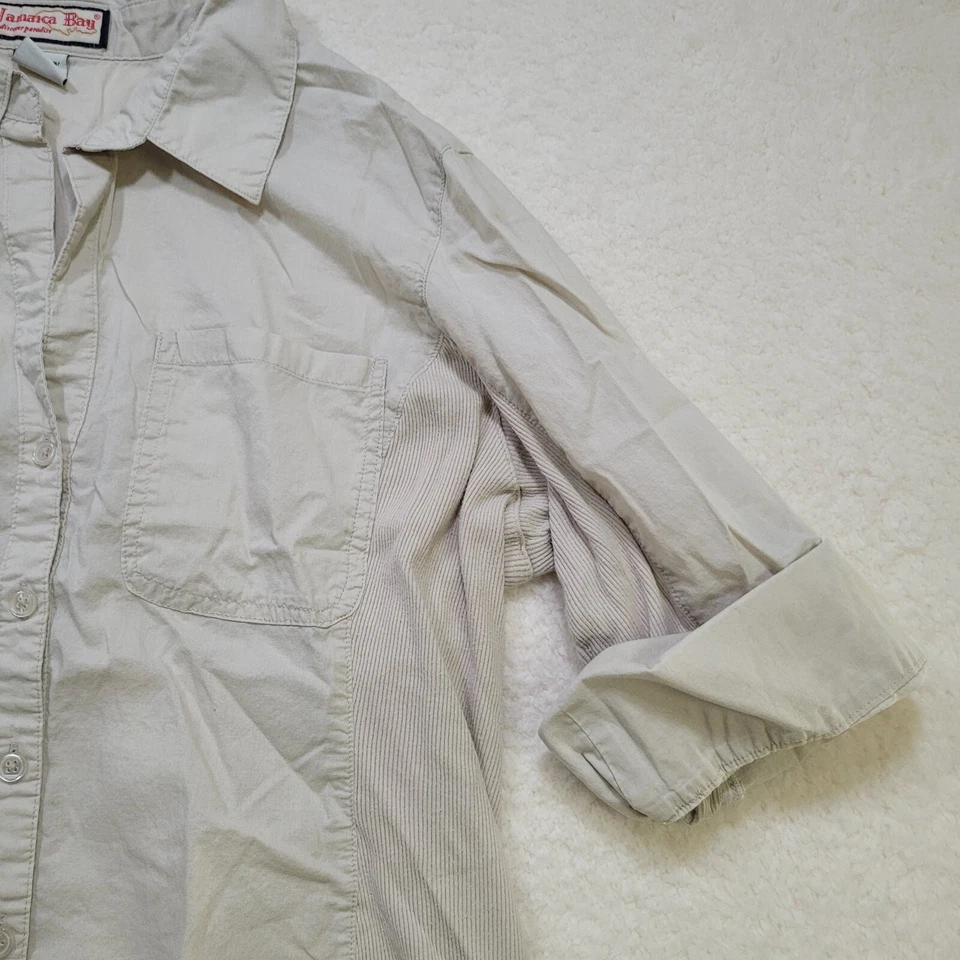 Camisa blusa para mujer Jamaica Bay talla L mangas enrollables beige transparente usada Foto 4 de 4