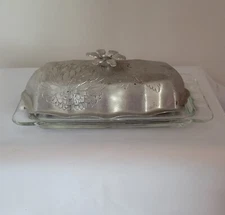 Vintage Glass Butter Dish w/ dahlia Etched Metal Lid. $25 Or Best Offer 