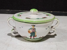 Italy Pottery Peasant Man Double Handled Round Covered Soup Bowl