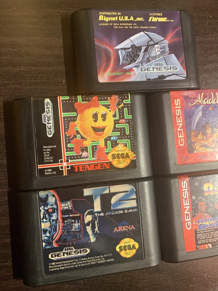Sega Genesis 1991 Game lot 5 Heavy Nova, Columns, Aladdin, Mrs Pac-Man, T2 - Image 3 of 4