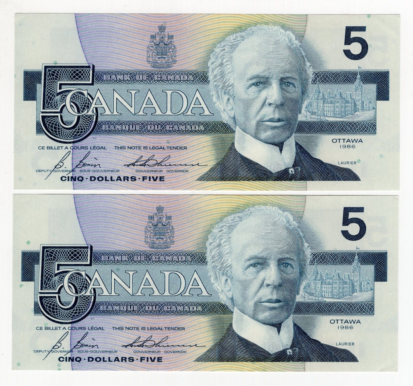 LOT OF 2 CONSECUTIVE 1986 BANK OF CANADA FIVE 5 DOLLAR BANK NOTES NICE BILLS