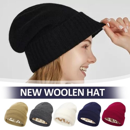 Satin Lined Beanie Unisex Wool Knit Hats Winter Warm Beanie Silk Lined Hats W2V5 - Foto 7 di 22