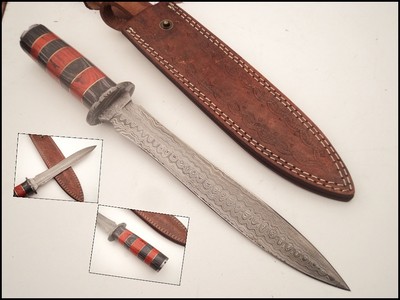 HAND MADE DAMASCUS DAGGER ,MULTI-COLOR WOOD,DAMASCUS GUARD,BRASS SPACER,14-3/8'' 