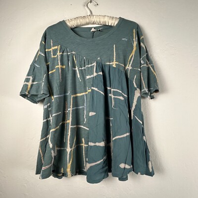 Anthropologie Akemi & Kin Women's Small Blue Printed Cotton Crewneck Swing Top