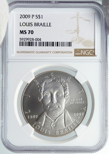 2009 UNITED STATES US Louis Braille Inventor Blind Deaf Silver $ Coin NGC i89168 - Picture 3 of 5