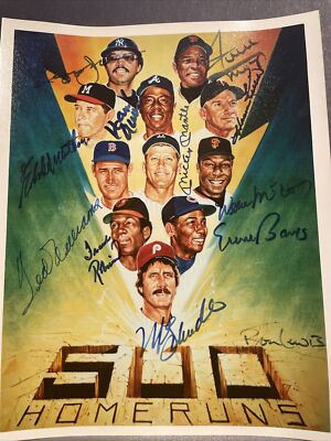 500 home run club signed 8x10 photo. All 11 Players JSA Certified 