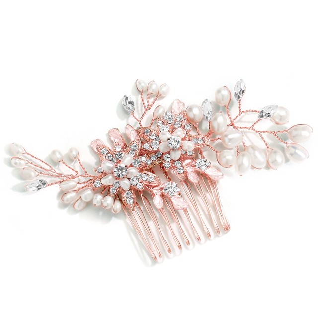 Mariell Freshwater Pearl Wedding Hair Comb Rose Gold Bridal