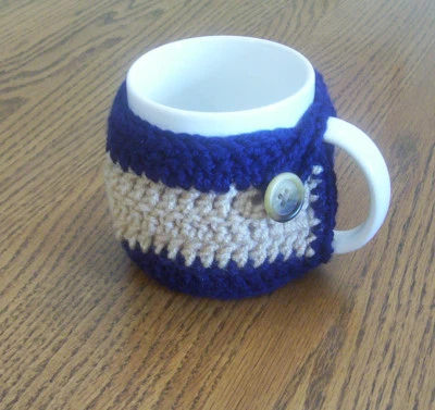 Hand Crochet Navy Blue & Tan Coffee Mug Cozy Buttoned - Image 1 of 3