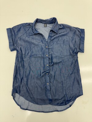 Shein Blue Faux Denim Button Up Short Sleeve Shirt Womens Size