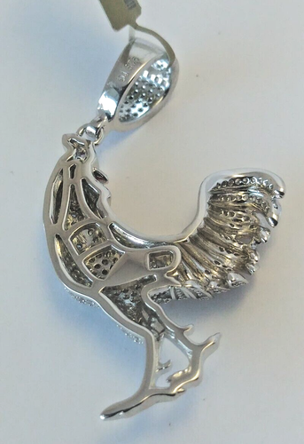 925 Sterling Silver Pendant LARGE Iced ROOSTER CHICKEN cubic zirconia CZ 48X26MM - Picture 7 of 9