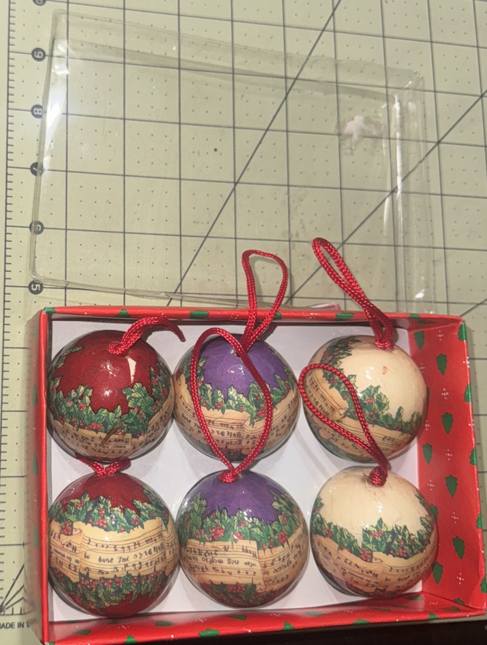 Set Of 6 Decoupage Ornaments Music Theme Red, Purple & Cream Musical Notes