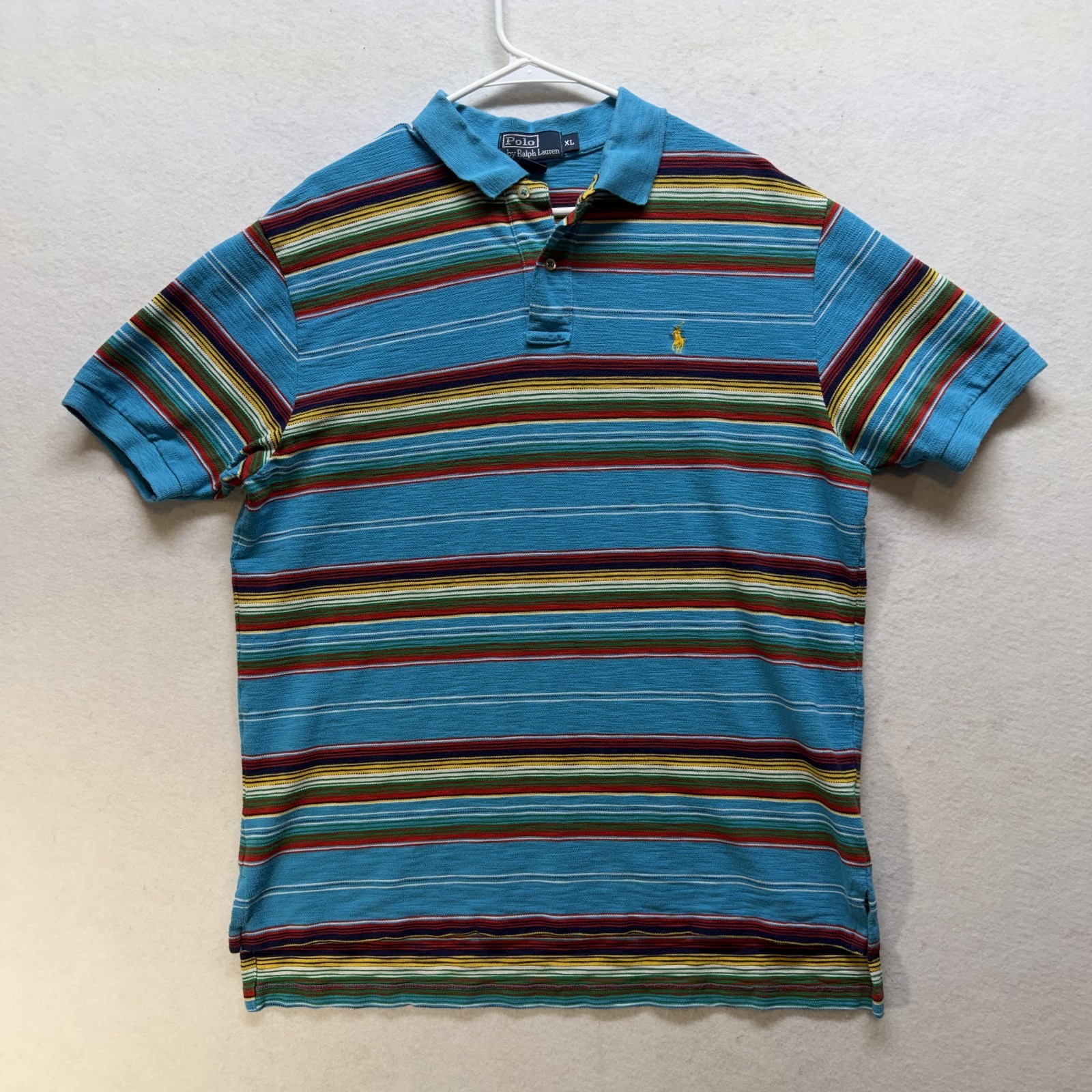 Vintage Polo Ralph Lauren Polo Shirt Mens XL Blue Striped Gold Pony Logo Golf