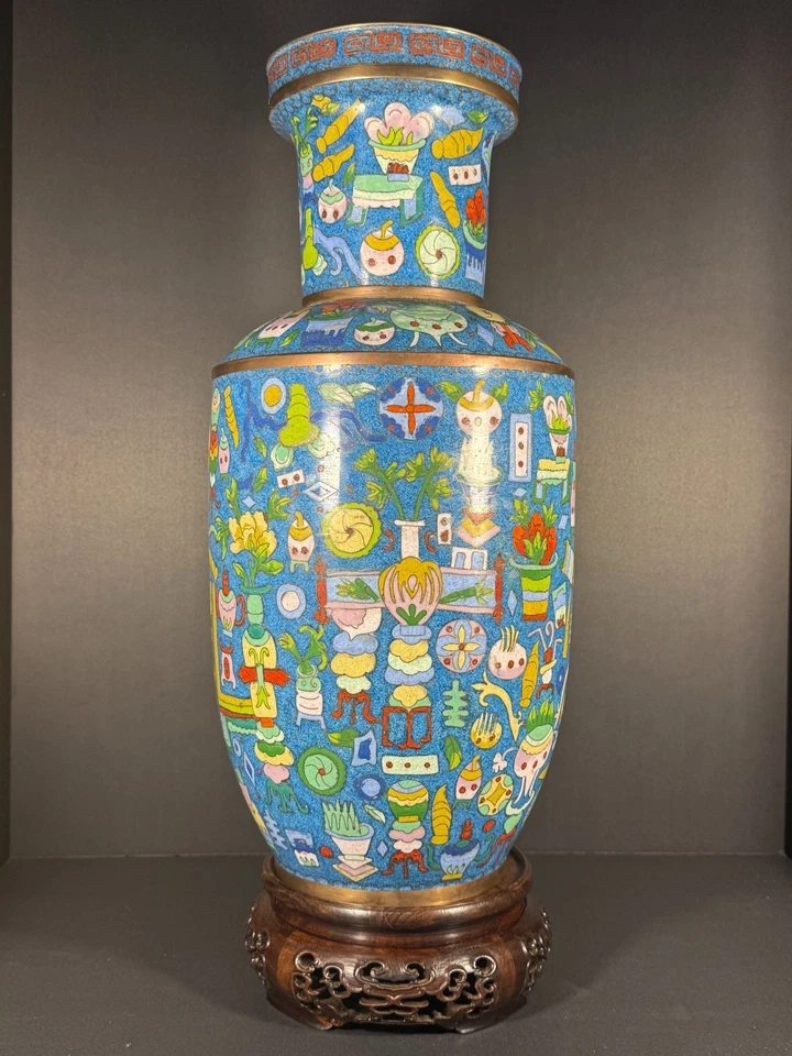 Chinese Cloisonné Vase 18.5” Signed, Mid-Century Contemporary Style w/ Stand - Image 2 of 4