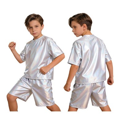 Kids Boys 2 Piece Dancewear Metallic Performance Tracksuit Set Streetwear Jazz