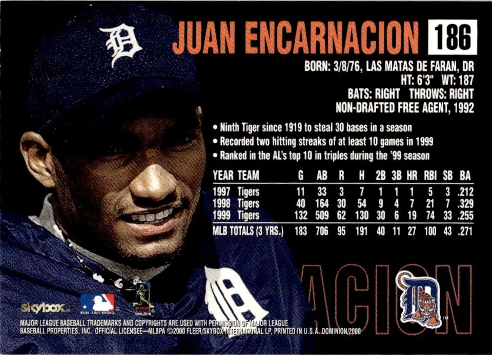 2000 SkyBox Dominion Juan Encarnacion Detroit Tigers #186 - Image 2 of 2