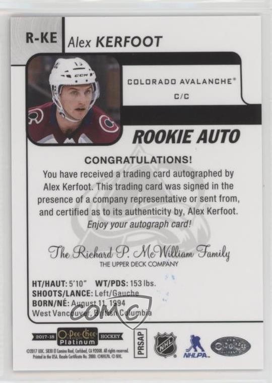 2017-18 O-Pee-Chee Platinum Rookie Autos Alex Kerfoot #R-KE Auto RC