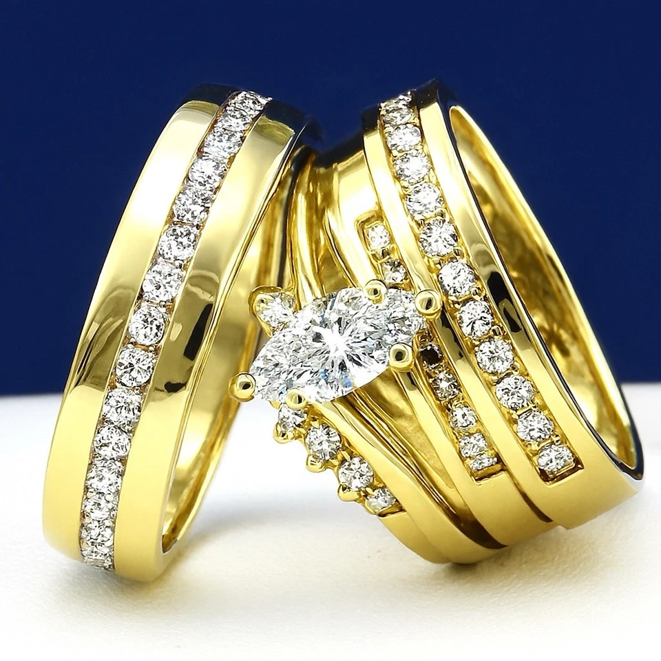 Juego de 4 anillos de compromiso de boda novio en tono oro 14k para mujer y hombre circonita cúbica Foto 4 de 4